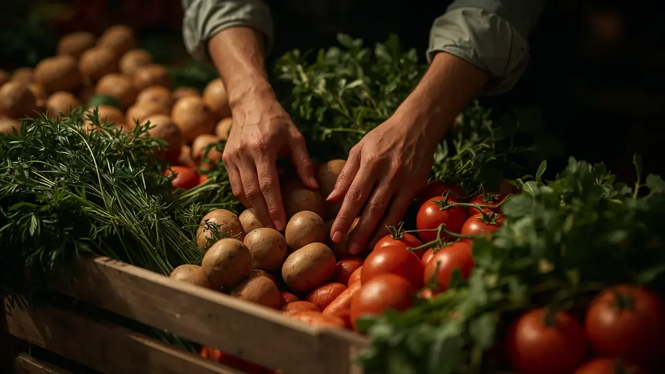 Hände legen frische Kartoffeln und Tomaten in eine Holzkiste im Hofladen