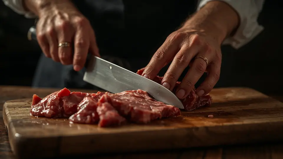Metzger schneidet frisches Fleisch auf einem Holzbrett